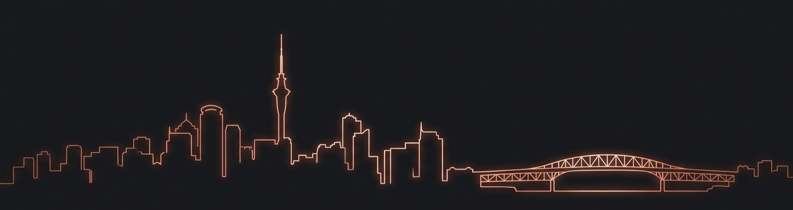 Auckland skyline at dusk as copper line art, Sky Tower and Harbour Bridge